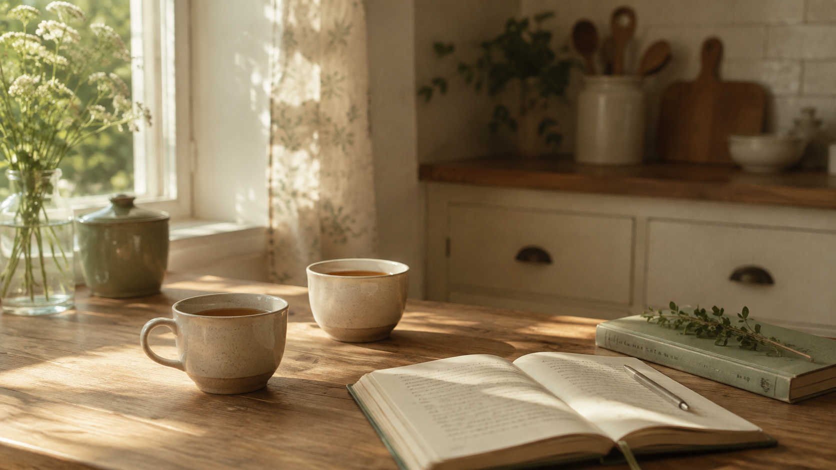 Soft afternoon light falling across a kitchen table with two cups.